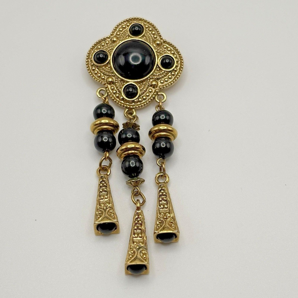 Vintage 1928 Brooch Etruscan Revival Shield Dangle Tassel Gold Black